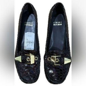 Stuart Weitzman - Brown Patent Snake Print Gold Buckle Loafers Women's Size: 6
